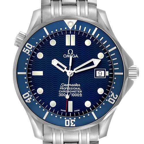 The Omega Seamaster 2531.80.00 Men's Stainless Steel Blue Dial 2531.80.00 Men's Stainless Steel Blue Dial watch is shown from the front, displaying the dial, hands, bezel, and bracelet.