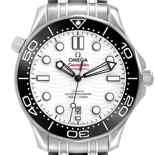 The Omega Seamaster 210.30.42.20.04.001 Men's Stainless Steel White Dial 210.30.42.20.04.001 Men's Stainless Steel White Dial watch is shown from a front view, featuring the dial, bezel, hands, and part of the bracelet.