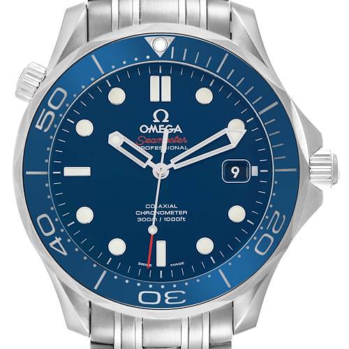 The image shows a front view of the Omega Seamaster 212.30.41.20.03.001 Men's Stainless Steel Blue Dial 212.30.41.20.03.001 Men's Stainless Steel Blue Dial watch, displaying its blue dial, bezel, hands, date window, and the crown.