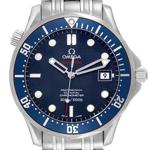 The Omega Seamaster 2220.80.00 Men's Stainless Steel Blue Dial 2220.80.00 Men's Stainless Steel Blue Dial watch is shown from the front, highlighting the dial, bezel, hands, and part of the bracelet.
