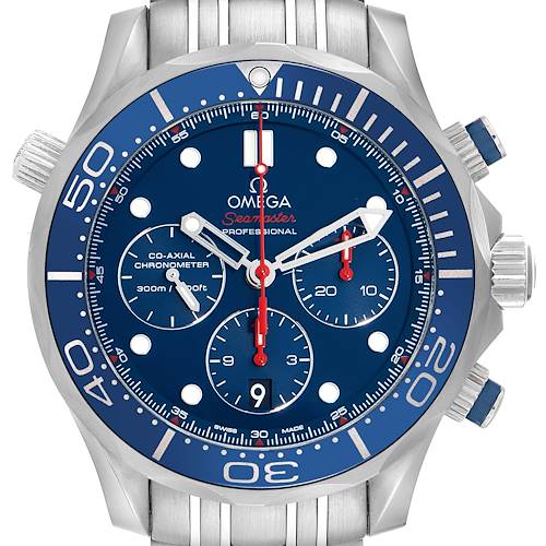 The image shows a front view of the Omega Seamaster 212.30.44.50.03.001 Men's Stainless Steel Blue Dial 212.30.44.50.03.001 Men's Stainless Steel Blue Dial, highlighting the dial, bezel, and pushers.