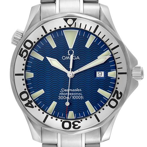 The Omega Seamaster 2265.80.00 Men's Stainless Steel Blue Dial 2265.80.00 Men's Stainless Steel Blue Dial watch is shown from the front, highlighting the dial, bezel, and part of the bracelet.