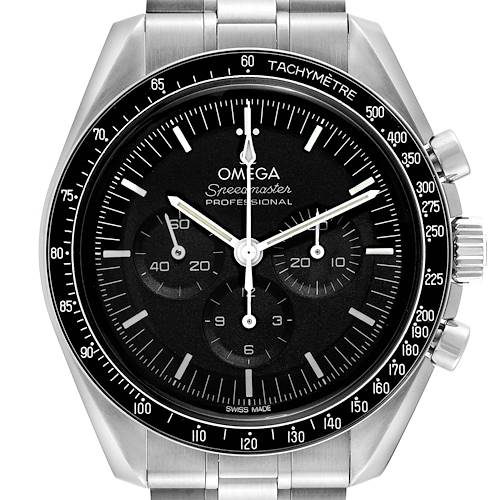 The Omega Speedmaster 310.30.42.50.01.001 Men's Stainless Steel Black Dial 310.30.42.50.01.001 Men's Stainless Steel Black Dial is shown from the front, displaying the dial, bezel, and chronograph subdials.