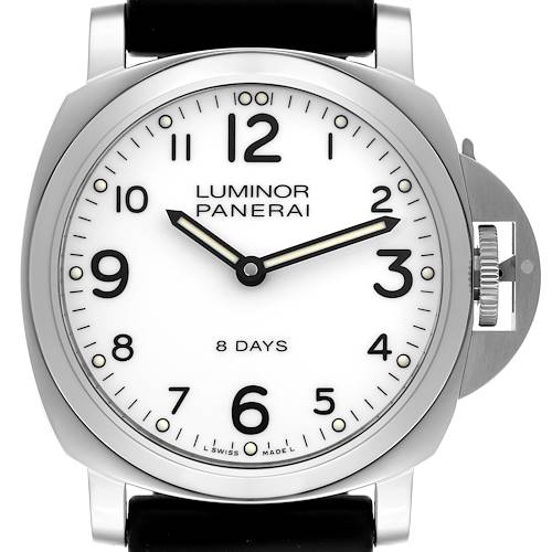 The Panerai Luminor PAM00561 Men's Stainless Steel White Dial PAM00561 Men's Stainless Steel White Dial watch is shown from the front, displaying its face, numerals, hands, and crown with protector on the side.