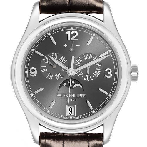 The Patek Philippe Complications 5146G-010 Men's White Gold Grey Dial 5146G-010 Men's White Gold Grey Dial watch is shown from a front angle, featuring subdials, day, month, moon phase, and a date window.