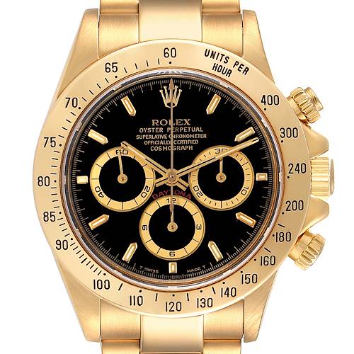 The image shows a front view of the Rolex Daytona 16528 Men's Yellow Gold Black Dial 16528 Men's Yellow Gold Black Dial watch, highlighting its gold case, black dial, and chronograph subdials.