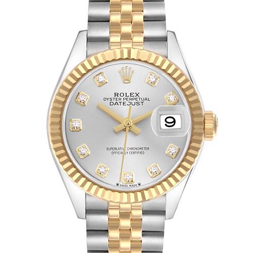 The Rolex Datejust watch is shown from a front angle, highlighting its dial, fluted bezel, and two-tone Jubilee bracelet.