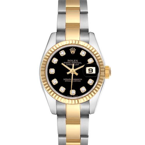 The Rolex Datejust 179173 Women's Steel and Gold (two tone) Black Dial 179173 Women's Steel and Gold (two tone) Black Dial watch is shown from the front, displaying the dial, bezel, bracelet, and date window.