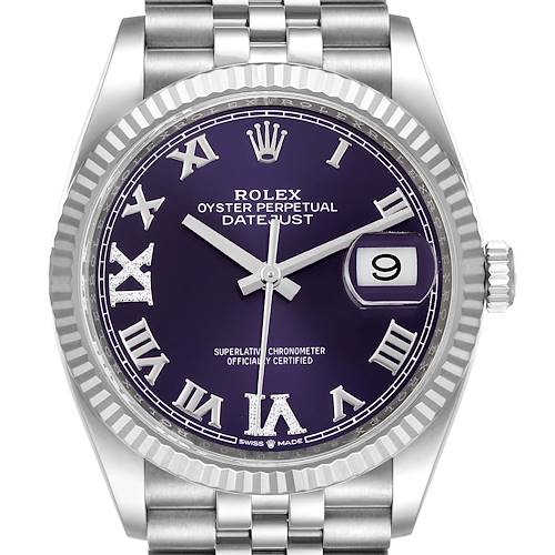 This image shows a close-up, front view of a Rolex Datejust 126234 Men's Stainless Steel Purple Dial 126234 Men's Stainless Steel Purple Dial watch, highlighting the dial, hands, date window, and part of the bracelet.