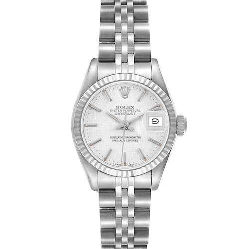 The Rolex Datejust 69174 Women's Stainless Steel Silver Dial 69174 Women's Stainless Steel Silver Dial watch is shown from a top-down angle, displaying the full face, bezel, crown, and bracelet.