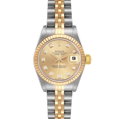 The image shows a front view of a Rolex Datejust 79173 Women's Steel and Gold (two tone) Champagne Dial 79173 Women's Steel and Gold (two tone) Champagne Dial watch, highlighting the gold dial, fluted bezel, and two-tone bracelet.