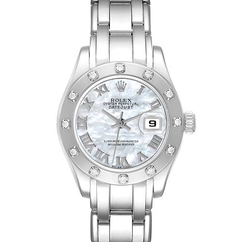 This image shows a front view of a Rolex Pearlmaster 80319 Women's White Gold Mother of Pearl Dial 80319 Women's White Gold Mother of Pearl Dial watch, highlighting its face, bezel, and bracelet.
