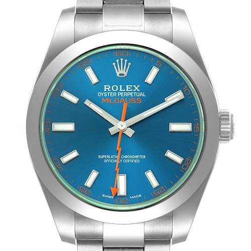 The image shows a front view of a Rolex Milgauss 116400GV Men's Stainless Steel Blue Dial 116400GV Men's Stainless Steel Blue Dial watch, highlighting the blue dial and orange lightning bolt second hand.