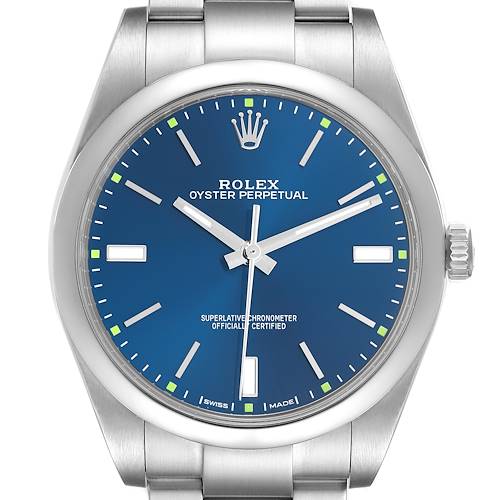 The Rolex Oyster Perpetual 114300 Men's Stainless Steel Blue Dial 114300 Men's Stainless Steel Blue Dial watch is shown from the front, displaying the blue dial, hands, markers, bezel, and a portion of the bracelet.