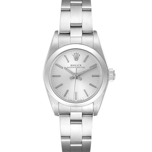 This image shows a top-down view of a Rolex Oyster Perpetual 76080 Women's Stainless Steel Silver Dial 76080 Women's Stainless Steel Silver Dial watch, displaying its face and metal bracelet.