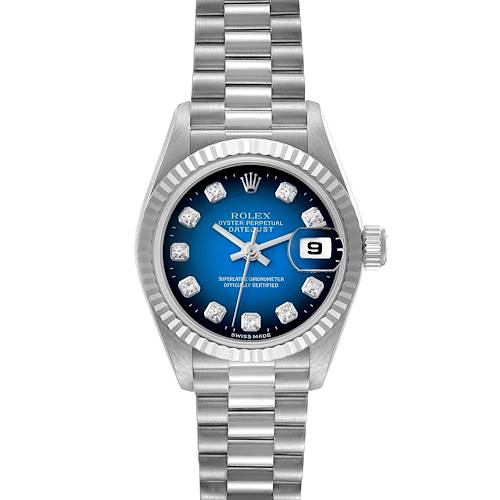 This is a front view of the Rolex President 69179G Women's White Gold Blue Dial 69179G Women's White Gold Blue Dial model watch, showcasing its dial, bracelet, and crown.