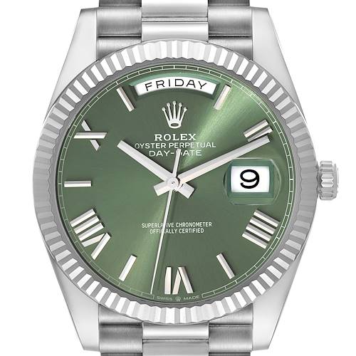 The image shows a close-up, front view of the Rolex President 61522 Men's White Gold Green Dial 61522 Men's White Gold Green Dial model watch, displaying the face, day, and date.