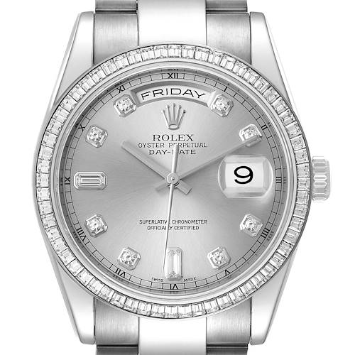 The image shows a Rolex President 118399BR Men's White Gold Silver Dial 118399BR Men's White Gold Silver Dial model watch from the front, highlighting its dial, diamond hour markers, day-date display, and bracelet.