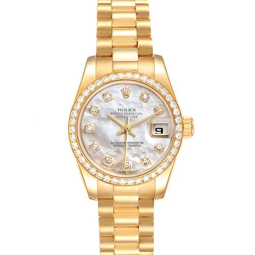 This image shows a front-facing view of a Rolex President 179138 Women's Yellow Gold Mother of Pearl Dial 179138 Women's Yellow Gold Mother of Pearl Dial model watch, highlighting its face, dial, bezel, and band.