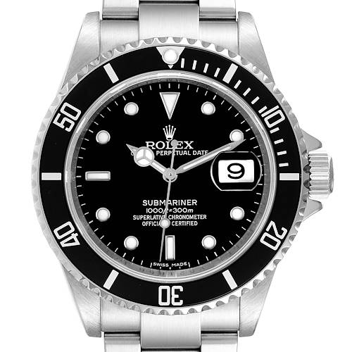 The image shows a front view of a Rolex Submariner 16610 Men's Stainless Steel Black Dial 16610 Men's Stainless Steel Black Dial watch featuring its black dial, bezel, and date window.