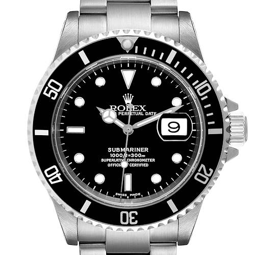This image shows a front view of the Rolex Submariner 16610 Men's Stainless Steel Black Dial 16610 Men's Stainless Steel Black Dial watch, displaying its dial, bezel, and part of the bracelet.