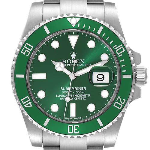 This image shows the dial, bezel, and crown of a Rolex Submariner 116610LV Men's Stainless Steel Green Dial 116610LV Men's Stainless Steel Green Dial watch from a front view.