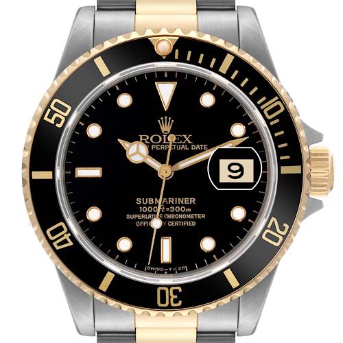 This is a front view of the Rolex Submariner 16613 Men's Steel and Gold (two tone) Black Dial 16613 Men's Steel and Gold (two tone) Black Dial watch, showing the dial, bezel, date window, and part of the bracelet.