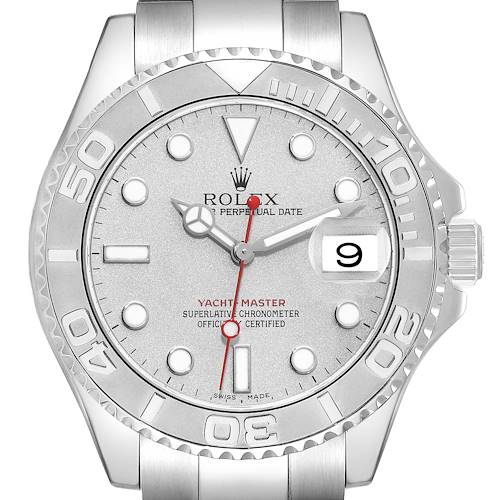 The image shows a front view of a Rolex Yacht-Master 16622 Men's Stainless Steel Silver Dial 16622 Men's Stainless Steel Silver Dial watch, highlighting the dial, bezel, hands, and part of the bracelet.