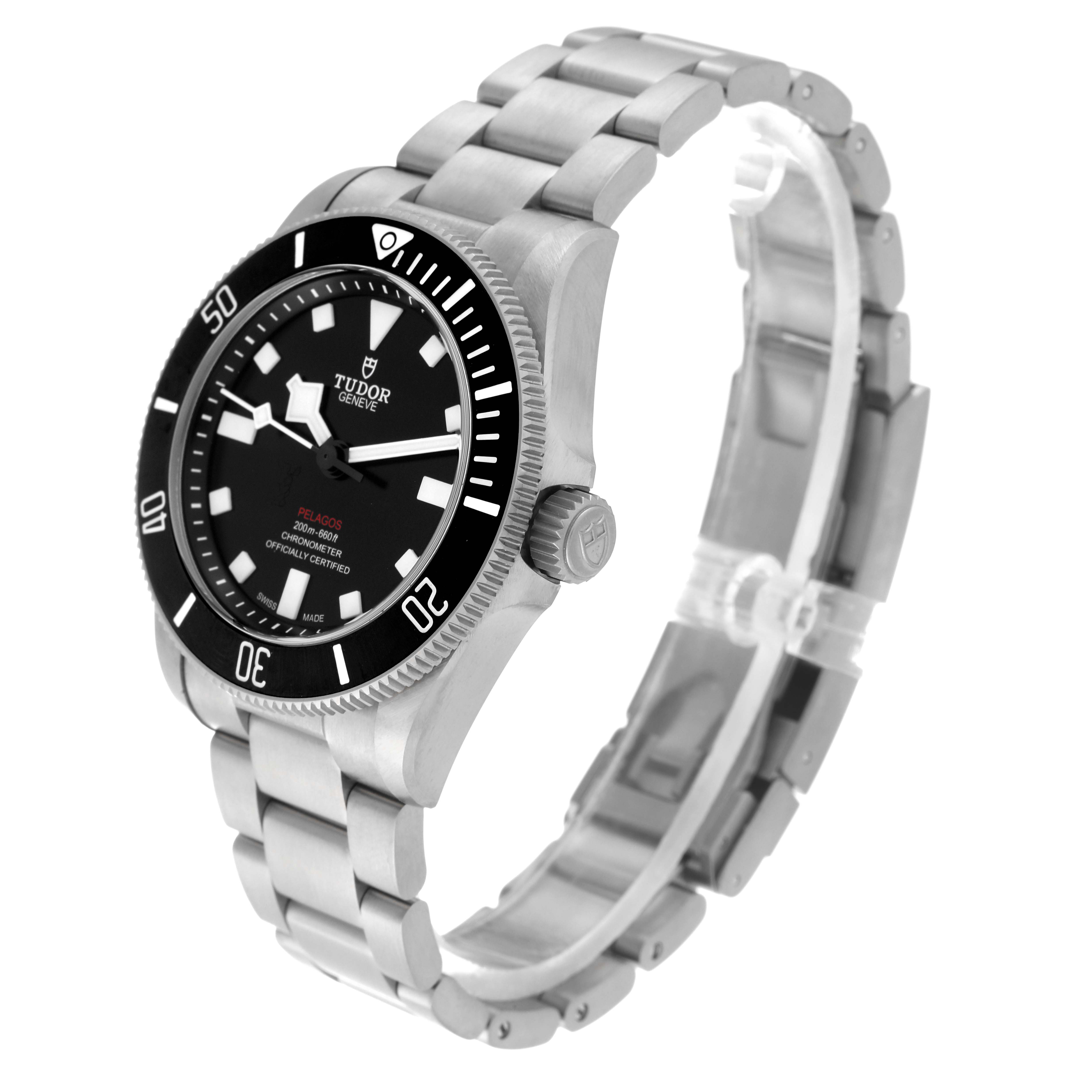 The image shows the side and front angle of a Tudor Pelagos 25407N Men's Titanium Black Dial 25407N Men's Titanium Black Dial watch, highlighting the bezel, dial, crown, and bracelet.