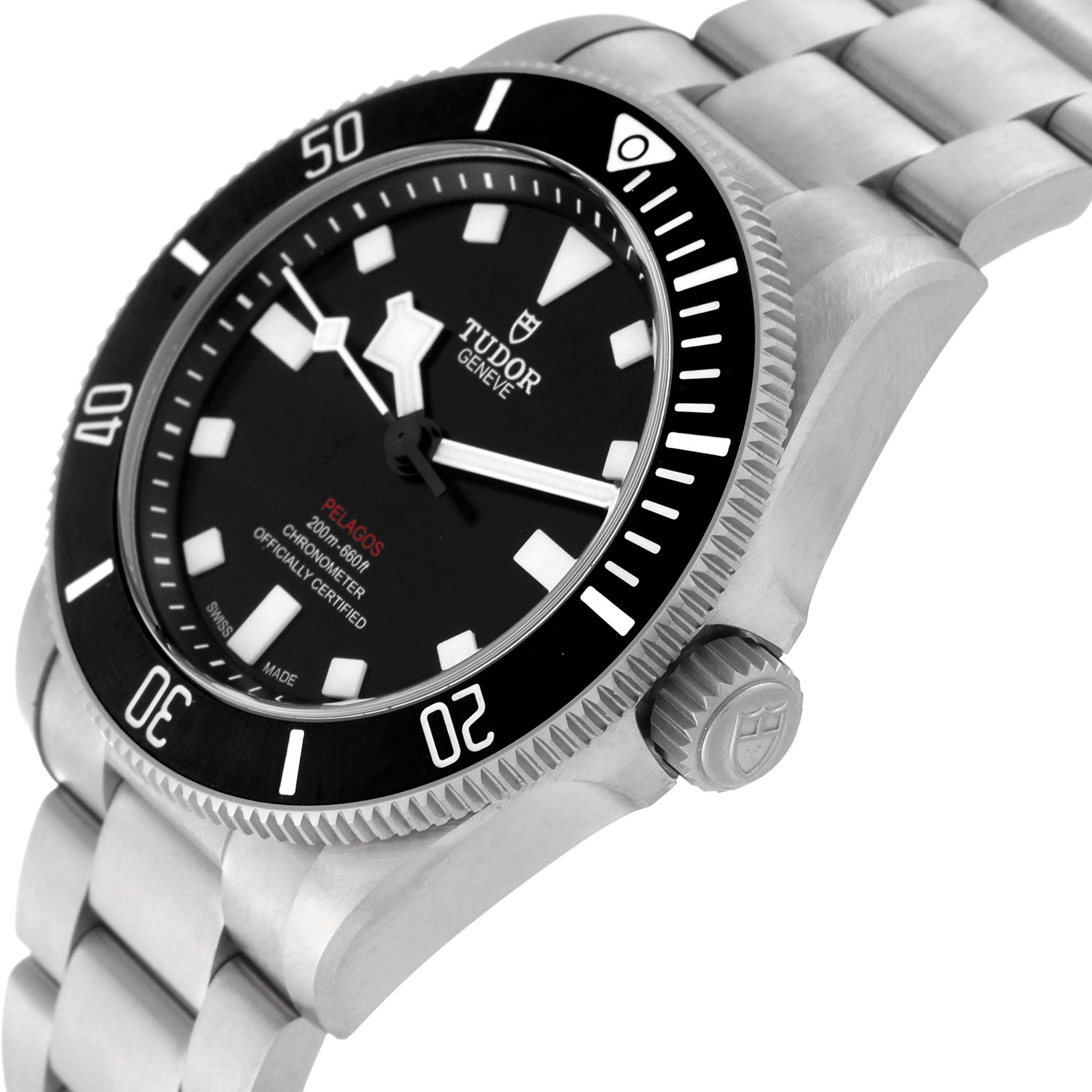 The image shows a close-up, angled view of the Tudor Pelagos 25407N Men's Titanium Black Dial 25407N Men's Titanium Black Dial watch, highlighting the watch face, bezel, crown, and part of the bracelet.