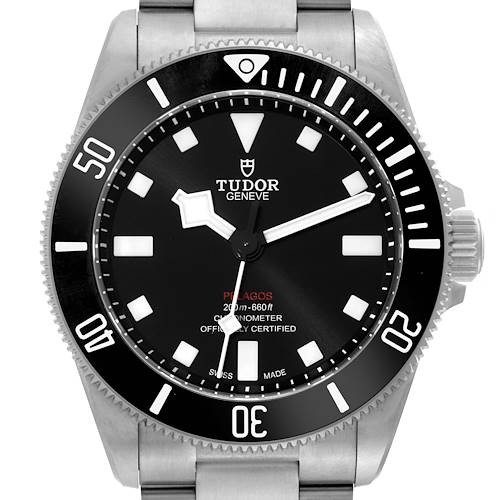 This Tudor Pelagos 25407N Men's Titanium Black Dial 25407N Men's Titanium Black Dial watch is shown from a front angle, displaying the dial, bezel, and part of the metal bracelet.