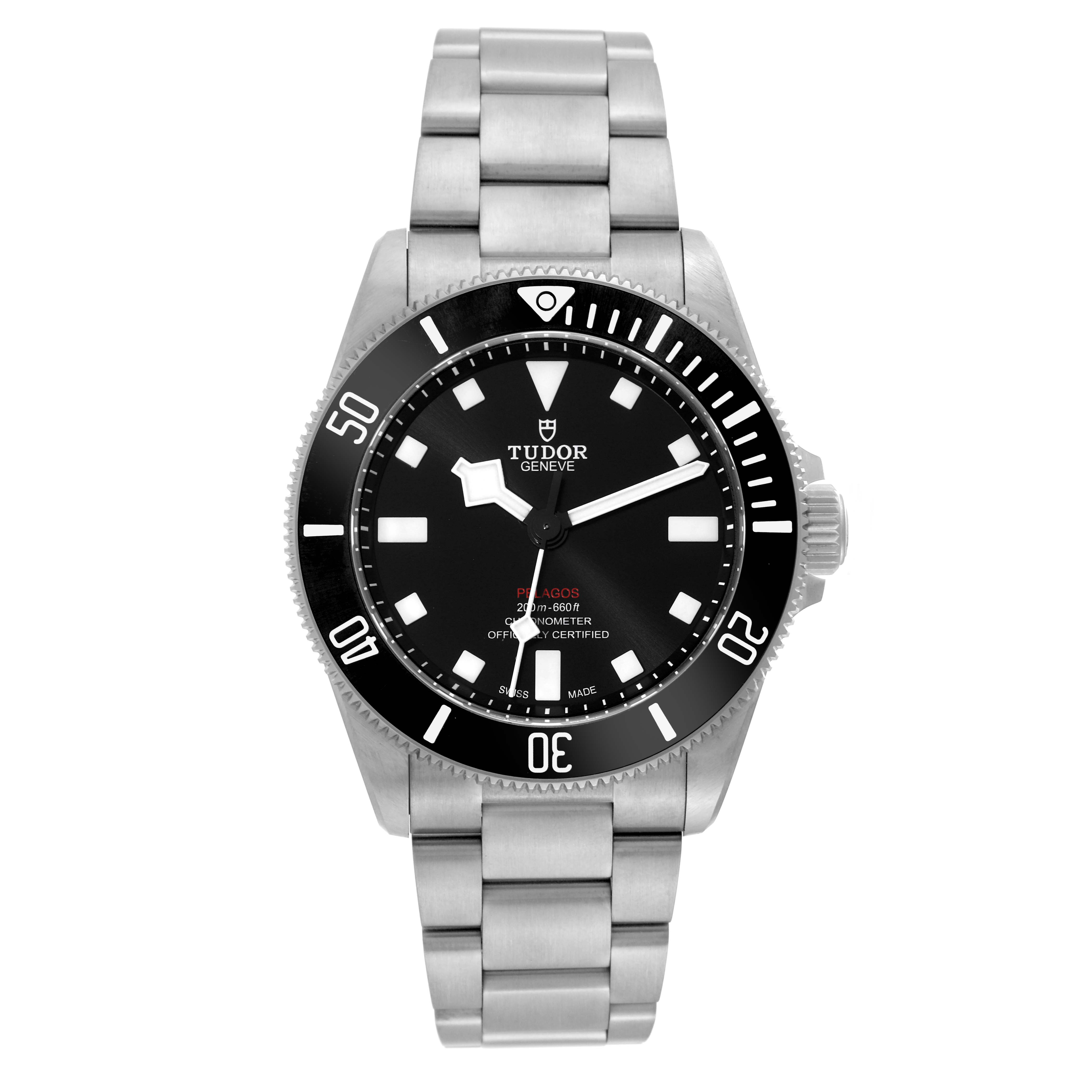 The image shows a front view of the Tudor Pelagos 25407N Men's Titanium Black Dial 25407N Men's Titanium Black Dial watch, highlighting its face, bezel, and bracelet.