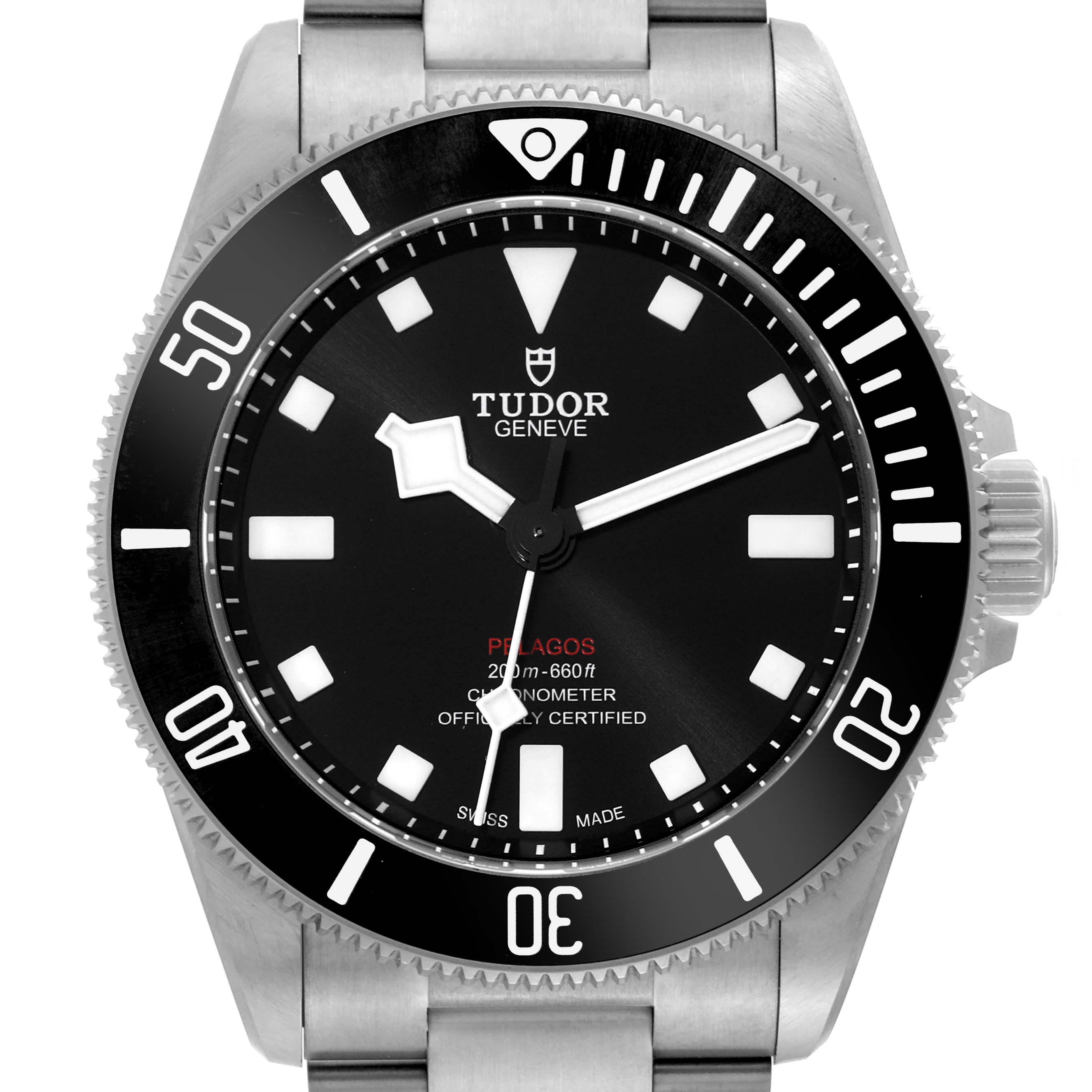 The image shows a front view of the Tudor Pelagos 25407N Men's Titanium Black Dial 25407N Men's Titanium Black Dial watch, highlighting the dial, bezel, and part of the bracelet.