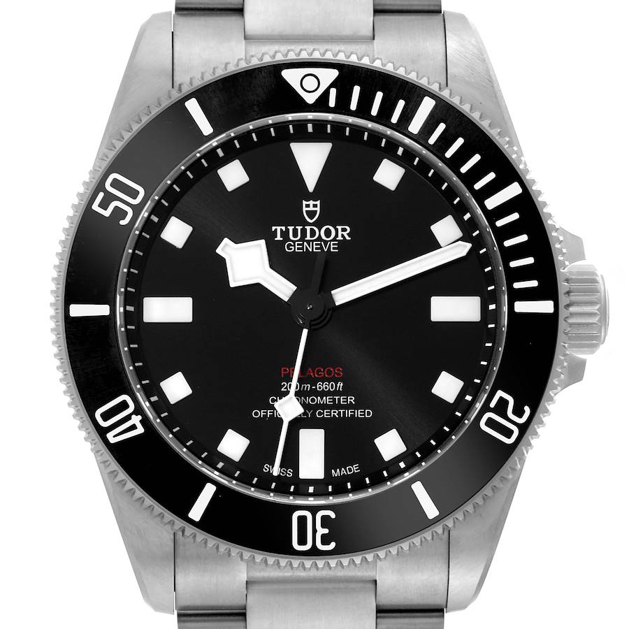 The image shows a front view of the Tudor Pelagos 25407N Men's Titanium Black Dial 25407N Men's Titanium Black Dial watch, highlighting the dial, bezel, and part of the bracelet.