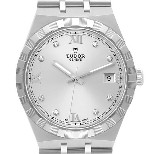 The image shows a frontal view of the Tudor Royal 28500 Men's Stainless Steel Silver Dial 28500 Men's Stainless Steel Silver Dial watch, displaying the dial, bezel, crown, and part of the bracelet.