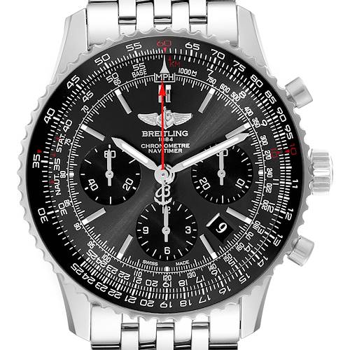 The image shows a front view of the Breitling Navitimer AB0121 Men's Stainless Steel Grey Dial AB0121 Men's Stainless Steel Grey Dial watch, displaying the dial, bezel, subdials, and part of the bracelet.
