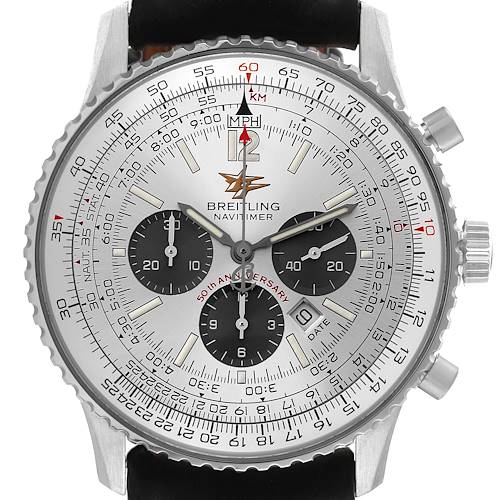 The image shows a close-up front view of a Breitling Navitimer A41322 Men's Stainless Steel Silver Dial A41322 Men's Stainless Steel Silver Dial watch, displaying its dial, chronograph subdials, and bezel.
