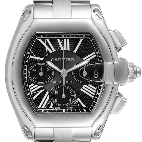 This image shows a close-up, front view of the Cartier Roadster W62020X6 Men's Stainless Steel Black Dial W62020X6 Men's Stainless Steel Black Dial watch face and part of the bracelet.