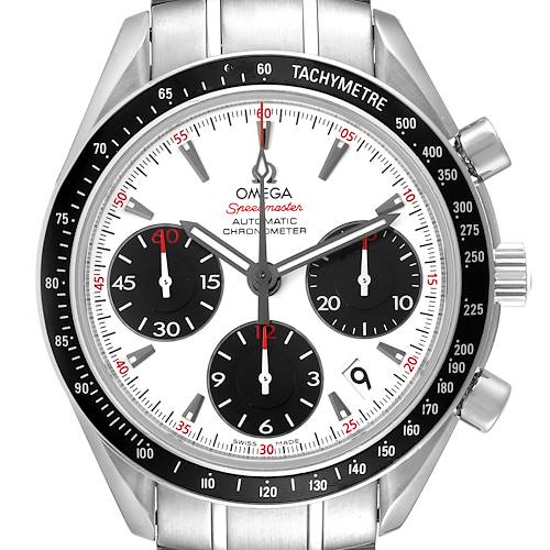 The image shows a front view of the Omega Speedmaster 323.30.40.40.04.001 Men's Stainless Steel White Dial 323.30.40.40.04.001 Men's Stainless Steel White Dial watch, displaying the dial, bezel, and part of the bracelet.