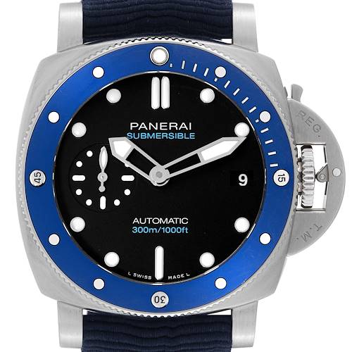 This is a front view of a Panerai Submersible PAM01209 Men's Stainless Steel Black Dial PAM01209 Men's Stainless Steel Black Dial watch, highlighting the dial, bezel, and crown guard.