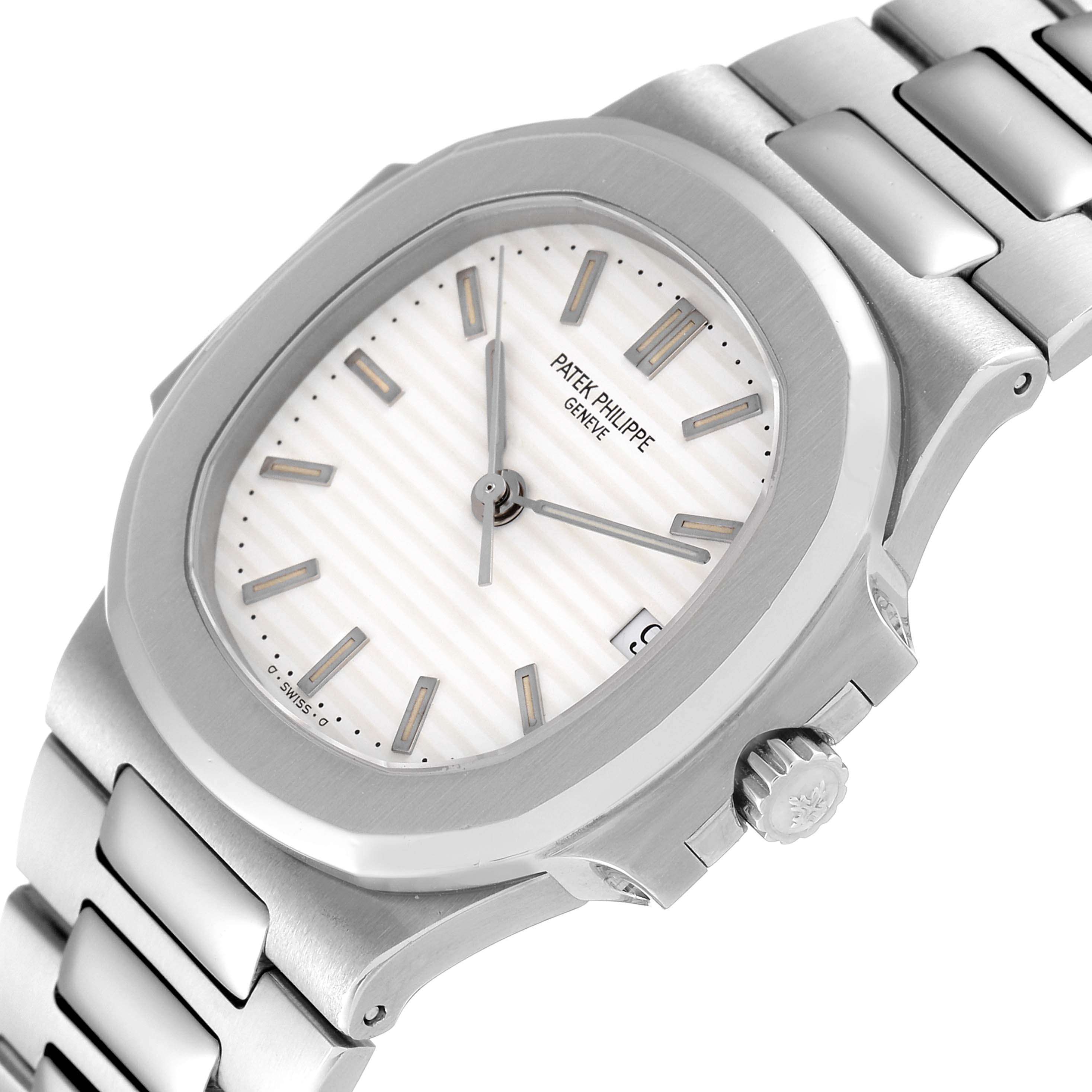 This image shows a side angle of the Patek Philippe Nautilus 3800/1 Men's Stainless Steel White Dial 3800/1 Men's Stainless Steel White Dial watch, highlighting the face, bezel, crown, and part of the bracelet.
