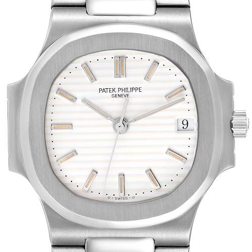 The image shows a front view of the Patek Philippe Nautilus 3800/1 Men's Stainless Steel White Dial 3800/1 Men's Stainless Steel White Dial watch, highlighting its dial, hands, and date window.