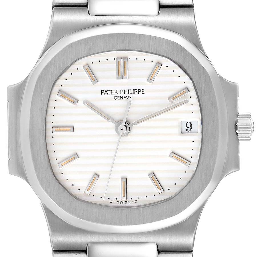 The image shows a front view of a Patek Philippe Nautilus 3800/1 Men's Stainless Steel White Dial 3800/1 Men's Stainless Steel White Dial watch, highlighting its dial, hands, date window, and part of the metal bracelet.