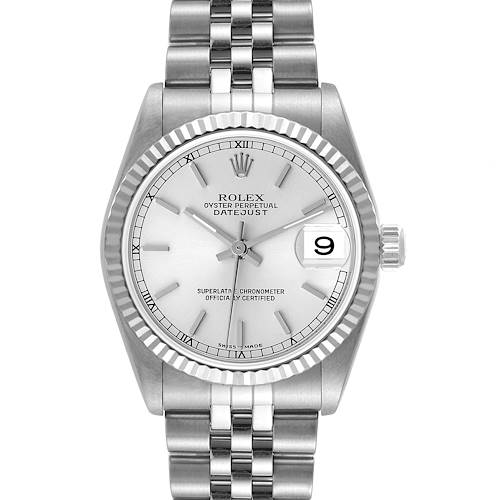 This image shows a frontal view of a Rolex Oyster Perpetual Datejust mid-size watch, highlighting its silver dial, fluted bezel, and jubilee bracelet.