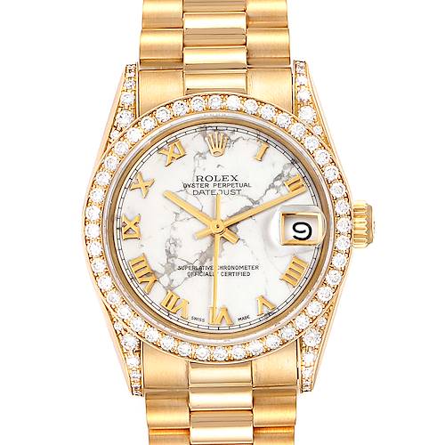 The image shows a front view of the Rolex President 68158 Women's Yellow Gold Grey Dial 68158 Women's Yellow Gold Grey Dial model watch, highlighting the face, dial, bezel, and bracelet.