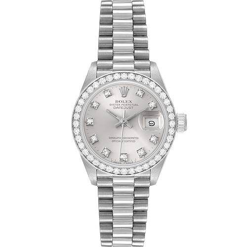This image shows a front view of a Rolex President 69136 Women's Platinum Silver Dial 69136 Women's Platinum Silver Dial model watch, displaying its face, bezel, and bracelet.