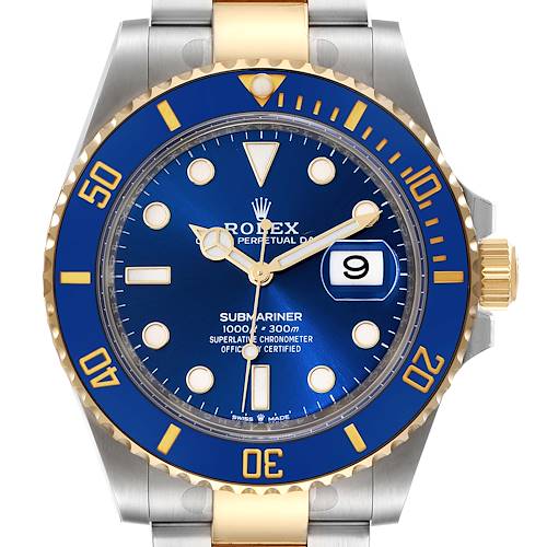 This image shows the front view of the Rolex Submariner 126613 Men's Steel and Gold (two tone) Blue Dial 126613 Men's Steel and Gold (two tone) Blue Dial watch, highlighting its blue dial, bezel, and gold accents.