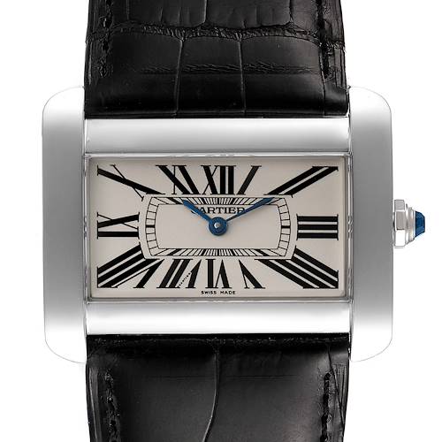 The image shows a frontal view of a Cartier Tank Divan W6300755 Women's Stainless Steel Silver Dial W6300755 Women's Stainless Steel Silver Dial watch, highlighting the face, bezel, crown, and strap.