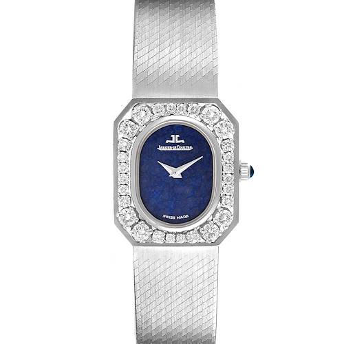 The image shows a front view of the Jaeger LeCoultre Vintage 16315.22 Women's White Gold Blue Dial 16315.22 Women's White Gold Blue Dial watch with a blue dial, diamond bezel, and a metal bracelet.
