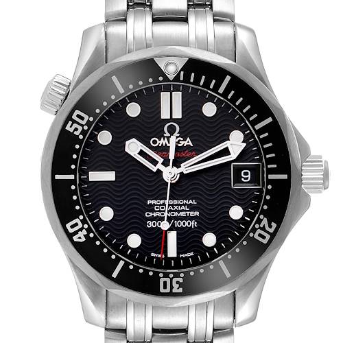The Omega Seamaster 212.30.36.20.01.001 Men's Stainless Steel Black Dial 212.30.36.20.01.001 Men's Stainless Steel Black Dial watch is shown from the front, displaying the dial, bezel, hands, and part of the bracelet.